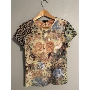 Jessica Max Shirt Womens Small Multicolor Floral Leopard Print Stretch Artsy